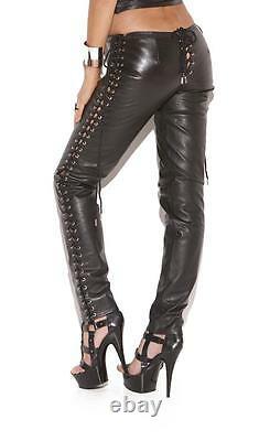 Leather Pants Lace Up Sides Front Back Detail Low Rise Black L9119
