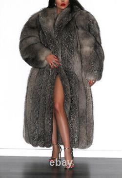 Long Silver Blue Shadow Frost Real Saga Fox Fur Coat Full Length Indigo Jacket L