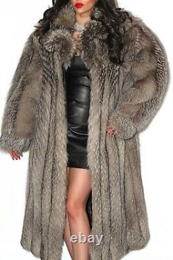 Luxurious Full Length Genuine Silver Indigo Real Fox Fur Coat Jacket Size L XL
