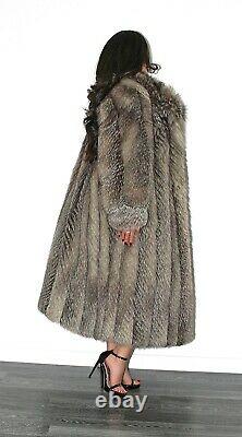 Luxurious Full Length Genuine Silver Indigo Real Fox Fur Coat Jacket Size L XL