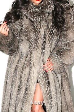 Luxurious Italian Full Length Silver Indigo Real Fox Fur Coat Jacket Size L XL
