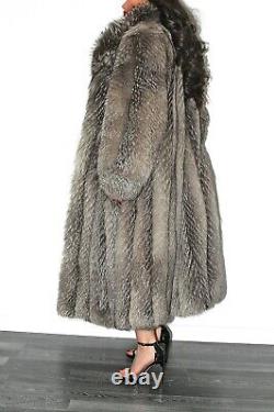 Luxurious Italian Full Length Silver Indigo Real Fox Fur Coat Jacket Size L XL