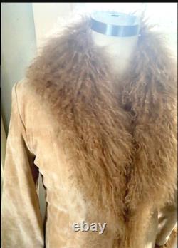 MINT! Large Mongolian Lamb Suede Tan Brown 42 Chest Long Fur Coat Full-Length