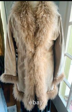 MINT! Large Mongolian Lamb Suede Tan Brown 42 Chest Long Fur Coat Full-Length