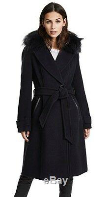 Mackage Nia Wool Coat with Fur Trimmed Raccoon Detachable Collar NAVY LARGE NWT
