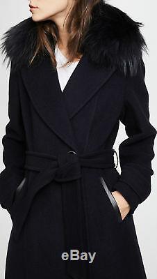 Mackage Nia Wool Coat with Fur Trimmed Raccoon Detachable Collar NAVY LARGE NWT