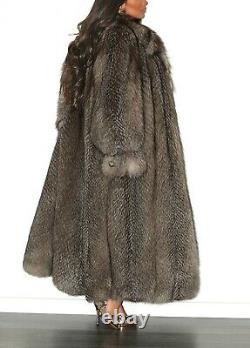 Magnificent Full Length Genuine Real Silver Indigo Fox Fur Coat Jacket Size L XL