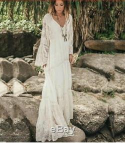 Mango Ivory Heavily Embroidered Sleeved Lace Crochet Vintage Maxi Dress S 8 10