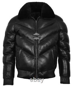 Men's Ace Puffer Leather Jacket Black Sheepskin Soft Collar WARM Bomber Jacket