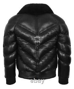 Men's Ace Puffer Leather Jacket Black Sheepskin Soft Collar WARM Bomber Jacket
