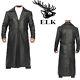 Men's Full-length Black Leather Trench Coat Duster Coat Lambskin Leather Slim