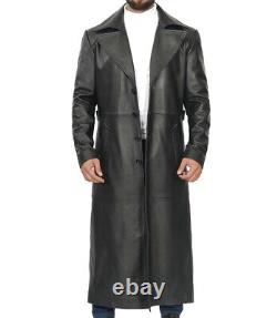 Men's Full-Length Black Leather Trench Coat Duster Coat lambskin leather slim