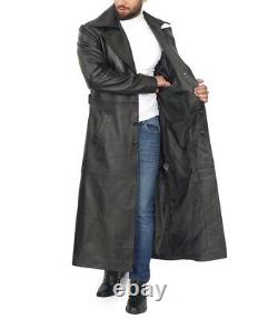 Men's Full-Length Black Leather Trench Coat Duster Coat lambskin leather slim