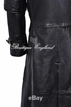 Men's Leather FULL-LENGTH Overcoat Black Captain Long Coat REAL LEATHER