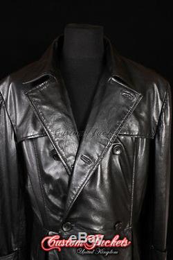 Men's MORPHEUS Black Lambskin Full-Length Leather Long TRENCH COAT Jacket