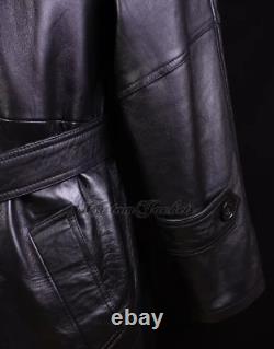 Men's OVERCOAT Black Lambskin Full Length Leather Long Jacket Long Trench Coat