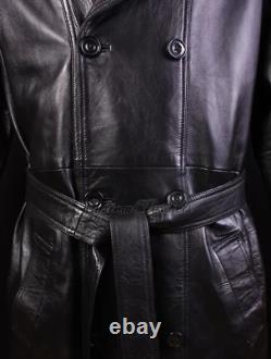 Men's OVERCOAT Black Lambskin Full Length Leather Long Jacket Long Trench Coat