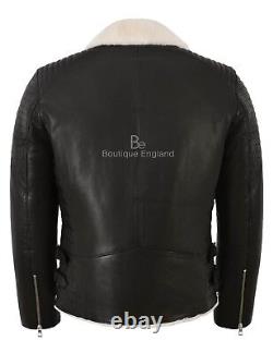 Men's Real Shearling Lined Biker Leather Jacket Slim Fit Black Veg Tanned 2041