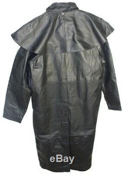 Mens Black Leather Full Length Split Cowhide Motorcycle Duster Trench Coat