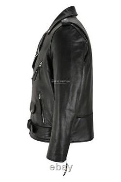 Mens Brando Leather Jacket Motorcycle Black Cowhide Marlon Biker Jacket