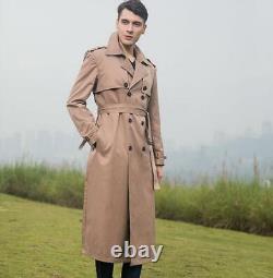 Mens Full Length Double-Breasted Trench Coat Jacket High-Rnd Military Parka Coat