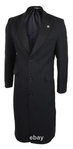 Mens Full Length Overcoat Mac Jacket Wool Feel Charcoal Black 1920s Blinders