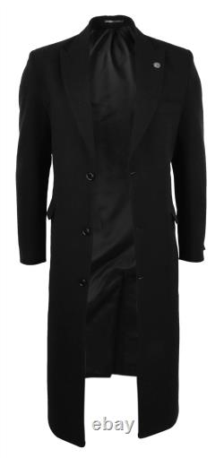 Mens Full Length Overcoat Mac Jacket Wool Feel Charcoal Black 1920s Blinders