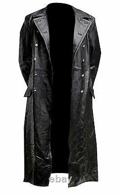 Mens German Classic Trench Coat WW2 Military Officer Uniform Black Leather Coat
