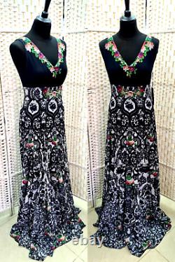 Michal Negrin Full-Length Gorgeous Multicolor Flowers Black Dress Size L