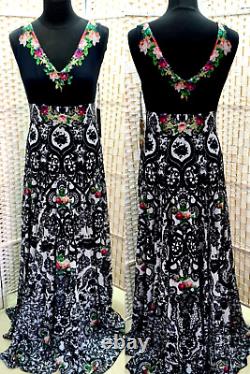 Michal Negrin Full-Length Gorgeous Multicolor Flowers Black Dress Size L