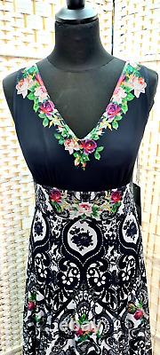 Michal Negrin Full-Length Gorgeous Multicolor Flowers Black Dress Size L