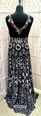 Michal Negrin Full-Length Gorgeous Multicolor Flowers Black Dress Size L