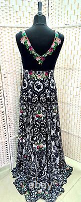 Michal Negrin Full-Length Gorgeous Multicolor Flowers Black Dress Size L