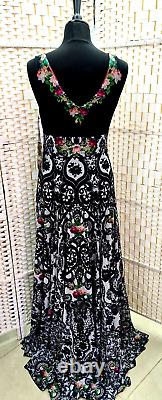 Michal Negrin Full-Length Gorgeous Multicolor Flowers Black Dress Size L