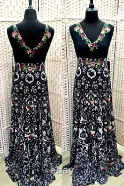 Michal Negrin Full-Length Gorgeous Multicolor Flowers Black Dress Size L