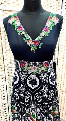 Michal Negrin Full-Length Gorgeous Multicolor Flowers Black Dress Size L