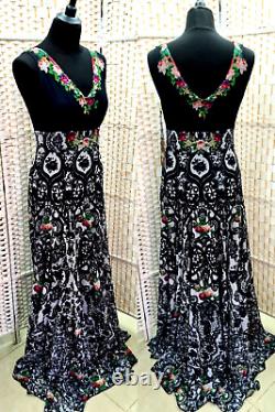 Michal Negrin Full-Length Gorgeous Multicolor Flowers Black Dress Size L