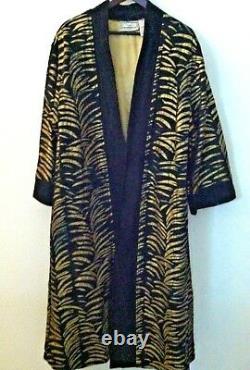 Molato Women Coat Leather Full Length Mud Cloth Duster Black Gold Suede Size L