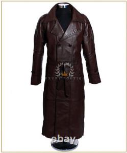 NKVD Soviet Army Brown Men's Military OVERCOAT Real Lambskin Leather Trench Coat