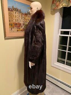 Natural Female Brown Mink with Fox Tuxedo 49 Full Length Real Fur Coat 12 Large