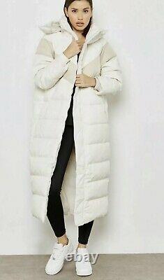 Nike Cream Full Length Down Fill Quilted Puffer Coat Sz L Hooded Rrp £189 Warm