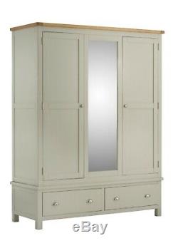 Padstow Grey Triple Wardrobe Large Painted Solid Pine Wood with Drawers & Mirror