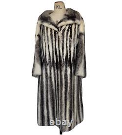 Perfect Condition RARE Real NATURAL CROSS MINK Fur Coat BLACK WHITE Full Length