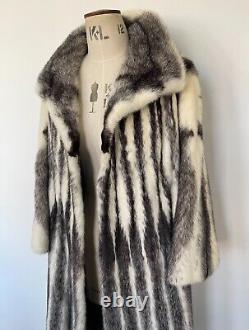Perfect Condition Real NATURAL CROSS MINK Fur Coat BLACK WHITE Full Length RARE