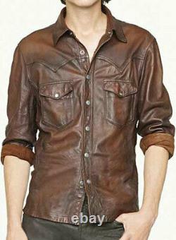 ROXA Men Leather Shirt Genuine Lambskin Soft Basic Vintage Jacket Biker Slim Fit