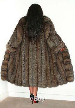 Real Full Length Crystal Silver Saga Fox Fur Coat Long Indigo Jacket Size L XL