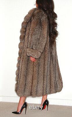 Real Full Length Crystal Silver Saga Fox Fur Coat Long Indigo Jacket Size L XL