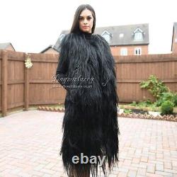Real Goat Skin Fur Hair Gilet JET BLACK Full Length Sleeveless Coat