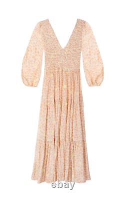 Rixo London Brooke Dress in Retro Micro Floral. Shirred Printed Silk Size L (14)