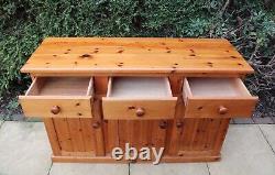 Solid Pine Sideboard Rustic 3 Drawers One Large Cupboard with Full Length Shelf